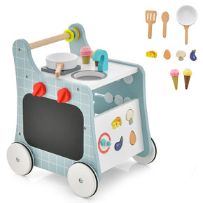 6-in-1 Wooden Baby Walker with Play Kitchen for Kids Over 12 Months